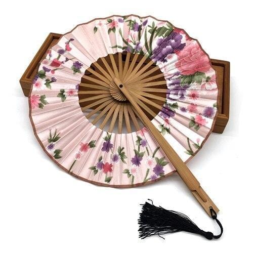 eventail-chinois-rond-a-rivures-rose-fleuri