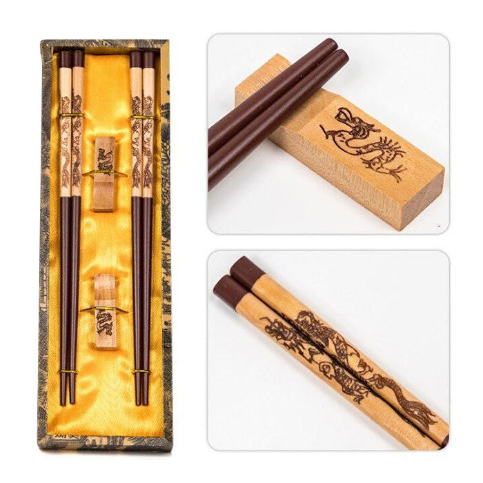 Baguettes Chinoises Bois Clair Motif Dragon
