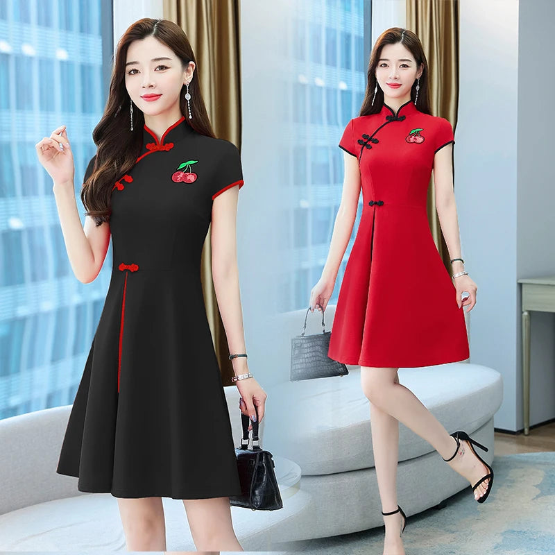 cheongsam-robe-slim-manches-courtes