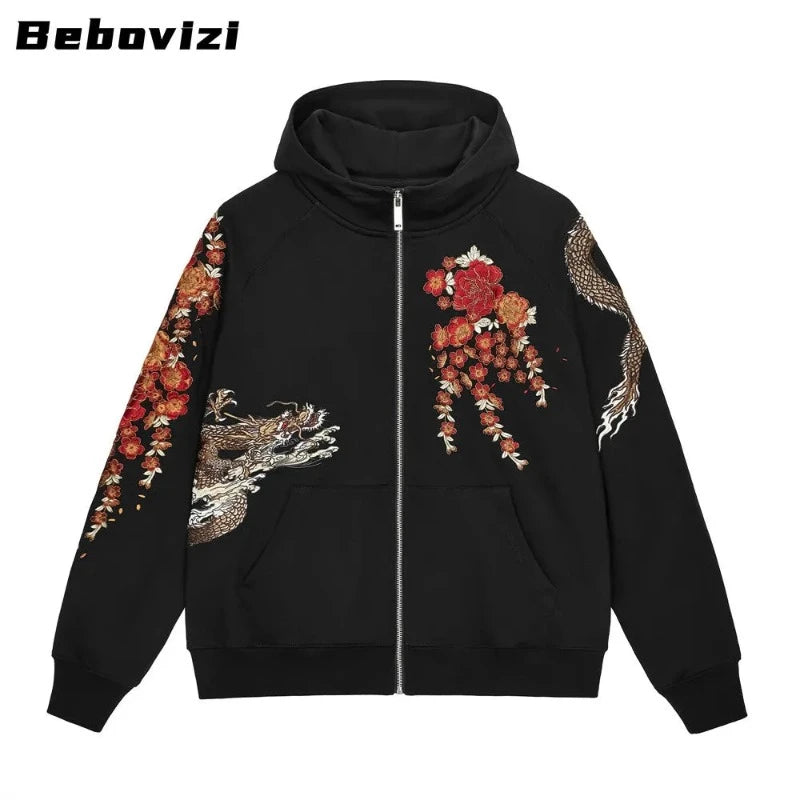 pull-chinois-hoodie-noir-dragon-fleur