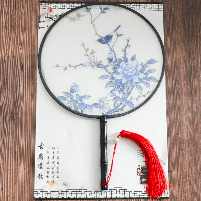 eventail-chinois-rond-oiseau-bleu